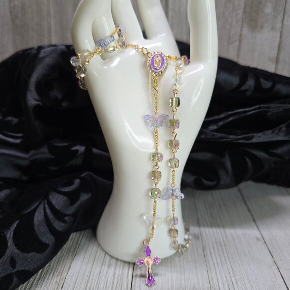 Handcrafted Whimsical Iridescent Butterfly Purple and Gold Rosary Christmas Gift - Picture 1 of 11